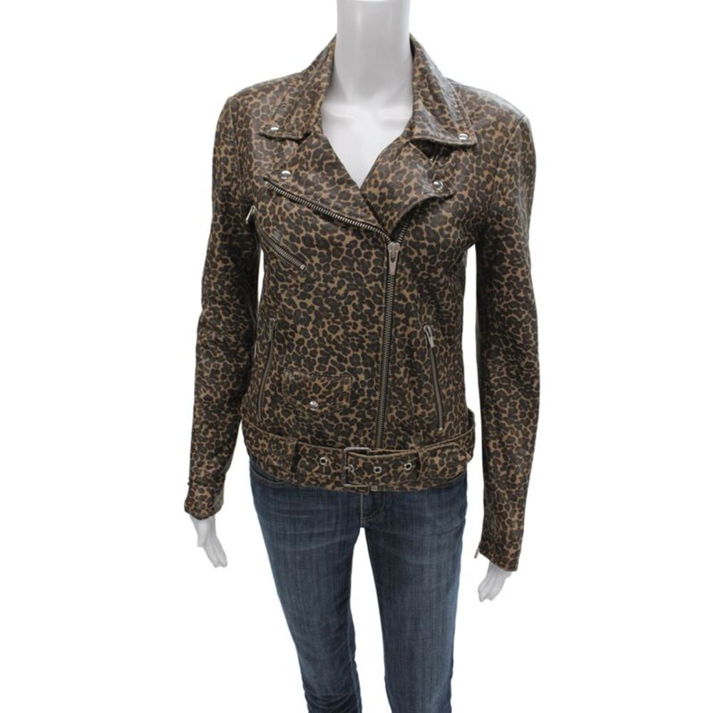 Veda Womens Biker Jacket Brown Leopard Zip Long Sleeve Size S
